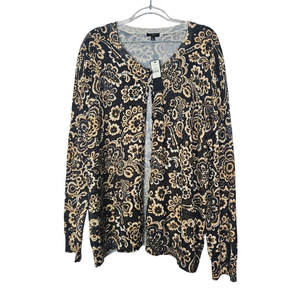 NEW Talbots 2X Brown Metallic Cardigan Sweater Floral Career Classic Staple - Picture 2 of 6